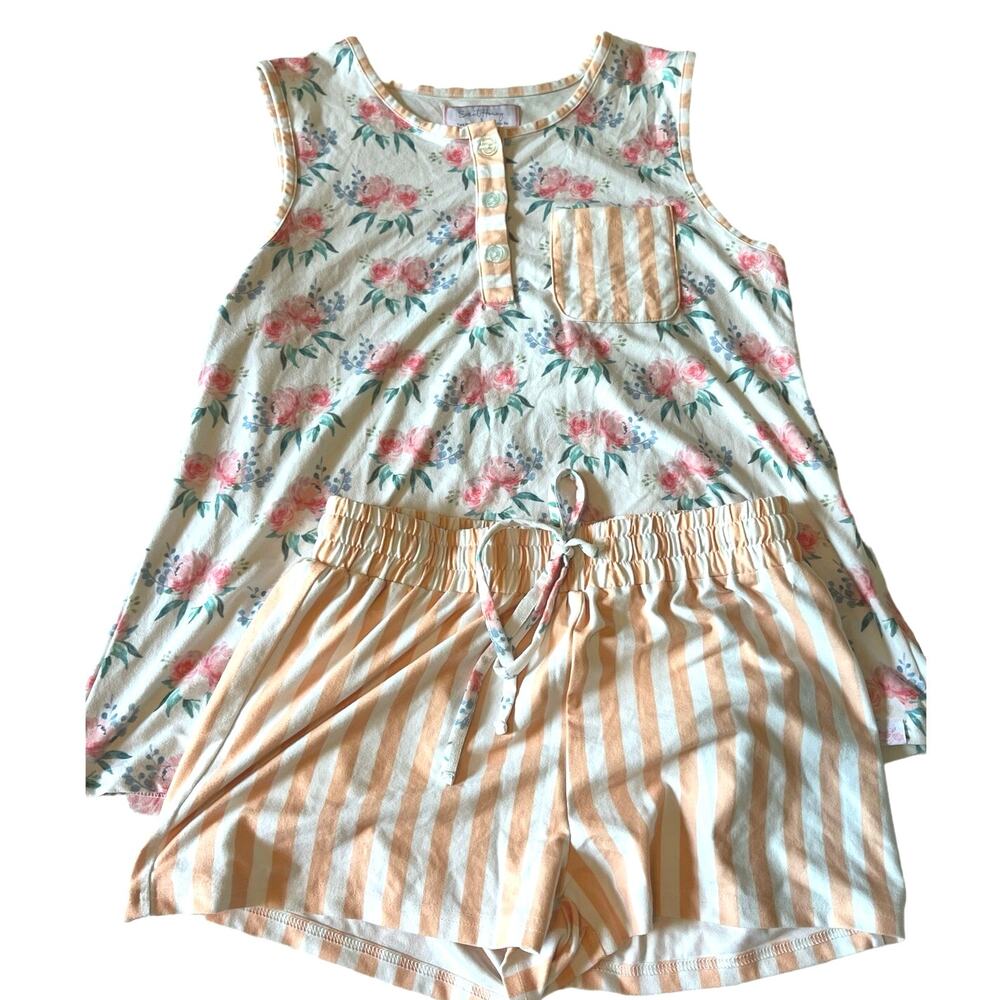 SweetHoney Floral Tank & Striped Shorts Pajama Set - Pink & Cream